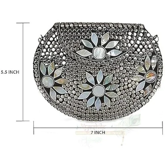 Silver clutch/ hand bag / shoulder bag with mother of pearl flowers - Picture 6 of 6